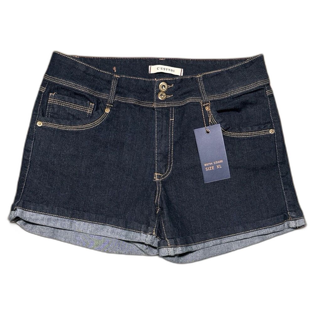 C’ES TOI Women’s XL Dark Wash Denim Jean Shorts NWT Cuffed Hem 5-Pocket Casual